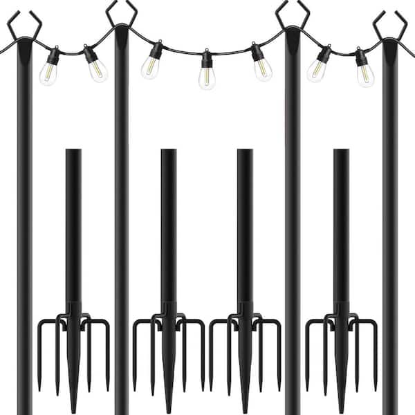 String Light Poles 10 ft. Metal Stand for Outdoor Hanging Lights with Fence Brackets 4-Pack Patio Deck Backyard