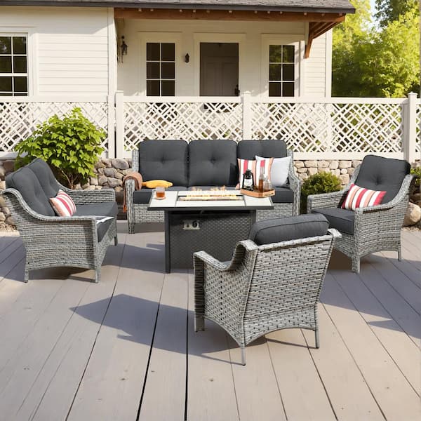 Toject Eureka 5-Piece Modern Wicker Outdoor Patio Conversation Sofa Seating Set with Metal Fire Pit and Black Cushions