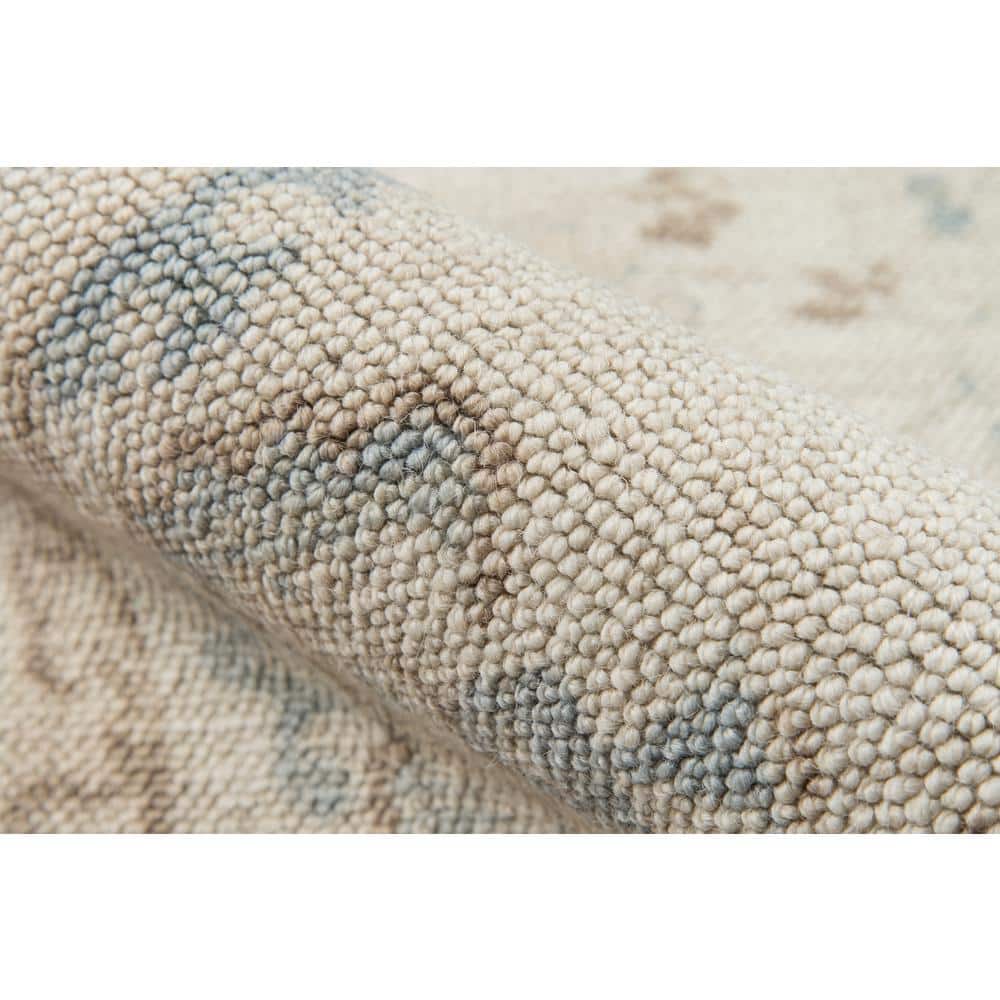 Beige and Blue Medallion Wool and Nylon Runner Rug