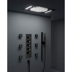 Thermostatic 15-Spray 23x15 in. Ceiling Mount LED Mood Lighting Fixed and Handheld Shower Head in Matte Black