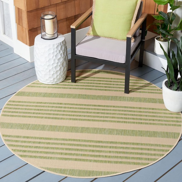 Courtyard Beige/Sweet Pea 5 ft. x 5 ft. Round Striped Indoor/Outdoor Patio  Area Rug