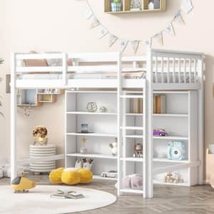 White Wood Frame Twin Size Loft Bed with 8-Open Storage Shelves and Built-in Ladder