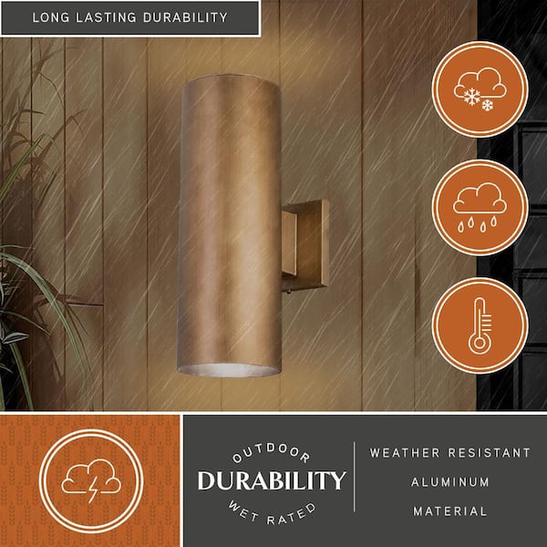 Chiasso 14.25 in. H Warm Brass Outdoor Mid Century Modern 2-Light Outdoor Cylinder Wall Sconce, Up-Down Lighting