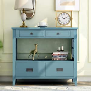 Modern 36 in. Sofa Table, Light Blue Rectangle Wood Console Table with 4-Drawer, 2-Tier Console Table with Bottom Shelf