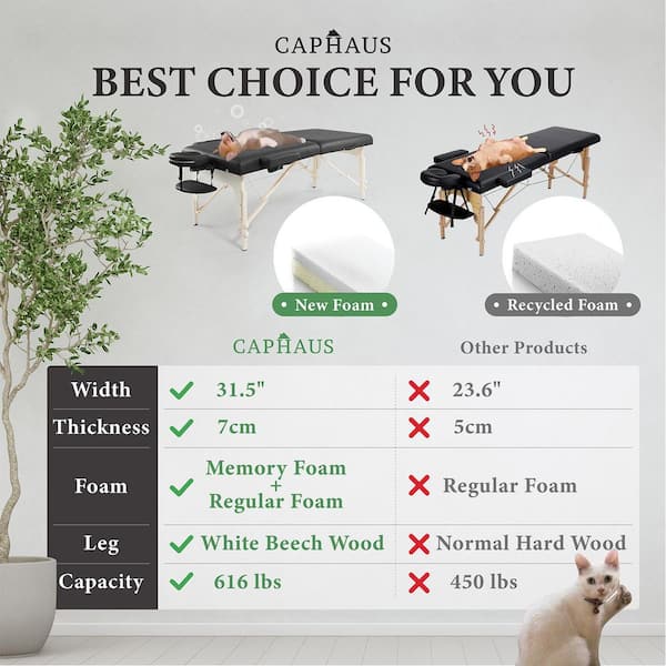 CAPHAUS 84 in. Black Premium Memory Foam Massage Table with