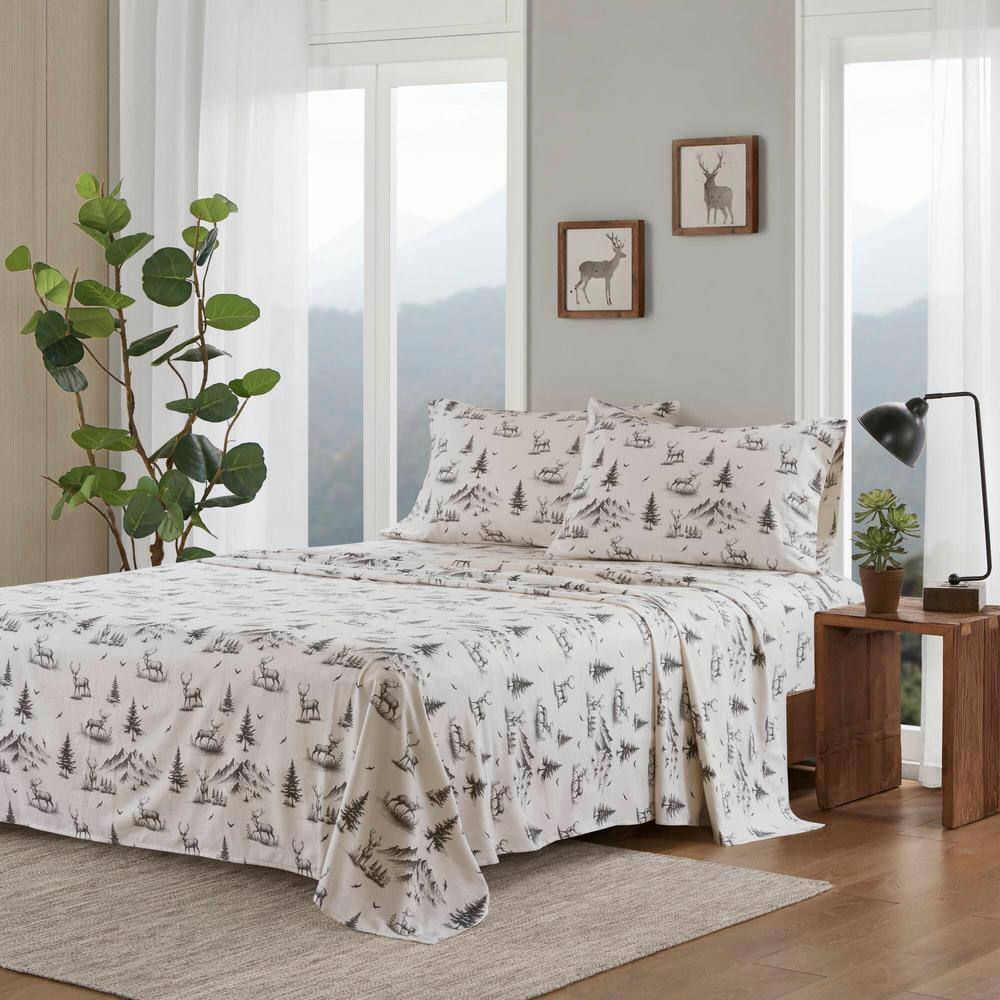 Full Gray Deer Toile Cotton Flannel Sheet Set