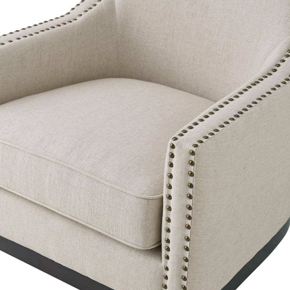 Beige Linen Wing-Back Accent Chair with Nailhead Trim