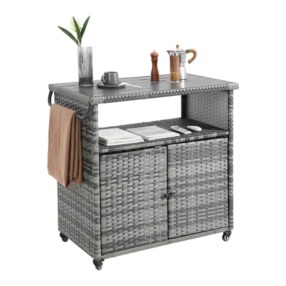 Gray Wicker Outdoor Bar Cart Patio Wine Serving Cart Rolling Rattan Bar ...