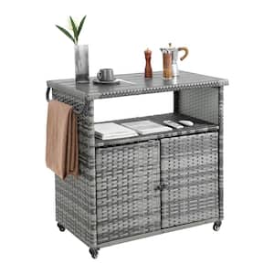 Gray Wicker Outdoor Bar Cart Patio Wine Serving Cart Rolling Rattan Bar Counter Table with Wheels and Storage