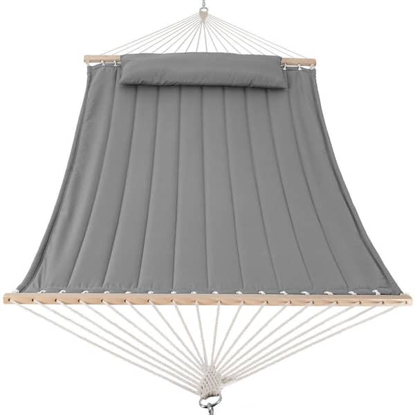 2 ft. to 15 ft. Quilted Double 2-Person Hammock with Hardwood Spreader Bar and Pillow in Light Gray