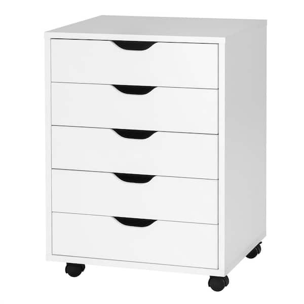 Costway White Accent Cabinet Organizer with 5-Drawers Chest Storage Dresser Floor Cabinet Organizer with Wheels