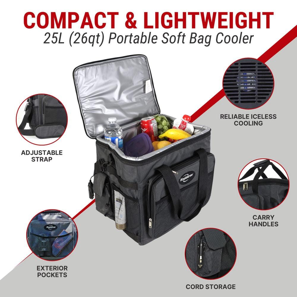 Koolatron 12V Electric Cooler Bag, 25L (26qt.) Collapsible Thermoelectric Soft Bag Cooler, Gray/Black