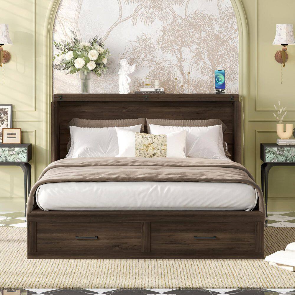 Rustic Gray Wood Frame Queen Farmhouse Murphy Bed with Charging Station, Foldable Cabinet Bed with Large Storage Drawer - thumbnail 3