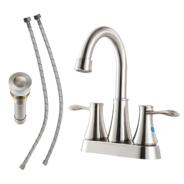 4 in. 2-Handle Centerset Bathroom Faucet, with Pop Up Drain and 2-Water Supply Lines, Brushed Nickel
