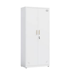 White Metal Storage Cabinet with 2-Doors and 4 Shelves, Lockable Tall Cabinet for Home Office Garage Kitchen Pantry
