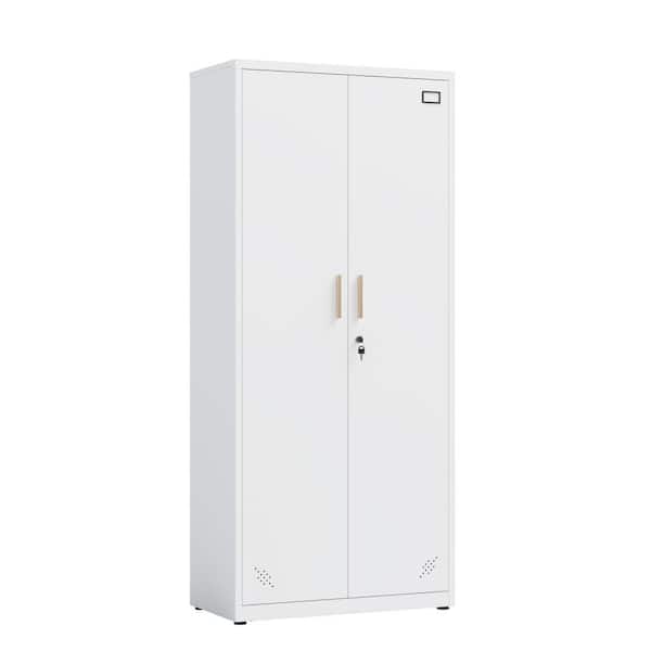 Unbranded White Metal Storage Cabinet with 2-Doors and 4 Shelves, Lockable Tall Cabinet for Home Office Garage Kitchen Pantry