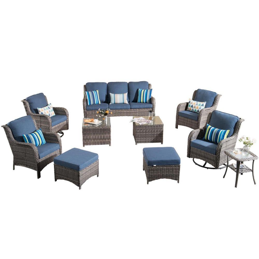 New Kenard Gray 10-Piece Wicker Patio Conversation Set with Denim Blue Cushions and Swivel Rocking Chairs -  OVIOS, GNTC300-10R