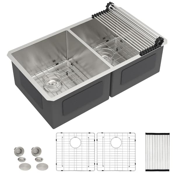 33 in. Undermount 50/50 Split Double Bowl Kitchen Sink, 16-Gauge 304 Stainless Steel, Tight Radius Easy Clean Basin