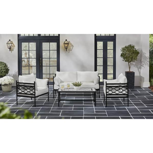 Home Decorators Collection Wakefield 4-Piece Reinforced Aluminum Outdoor Conversation Set with CushionGuard Plus Natural White Cushions
