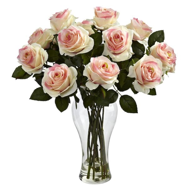Nearly Natural Artificial Blooming Roses with Vase in Light Pink