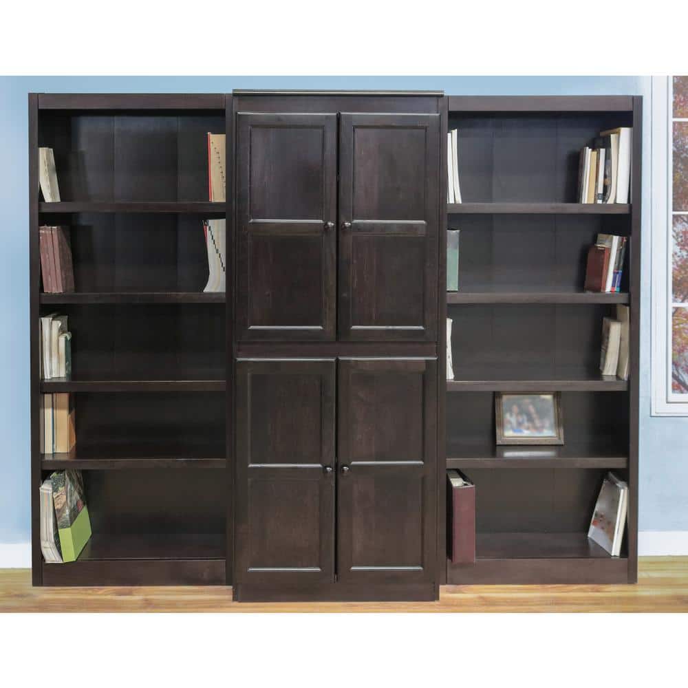 Espresso Finish Adjustable Wood Bookcase Wall with Doors, 72" Tall