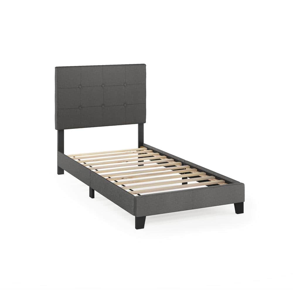 Stone Gray Twin Linen Upholstered Tufted Bed Frame