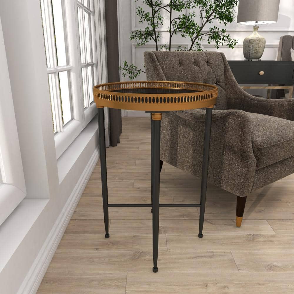 Black Round Metal and Stone Accent Table with Graduated Legs