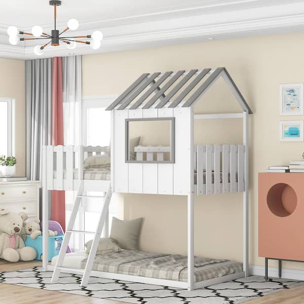 Qualfurn White Bunk House Bed With, Bunk Beds That Look Like Houses