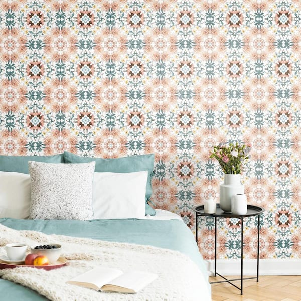 Cottage Garden Kaleidoscope Orange and Green Peel and Stick Wallpaper (Covers 28.29 sq. ft.)