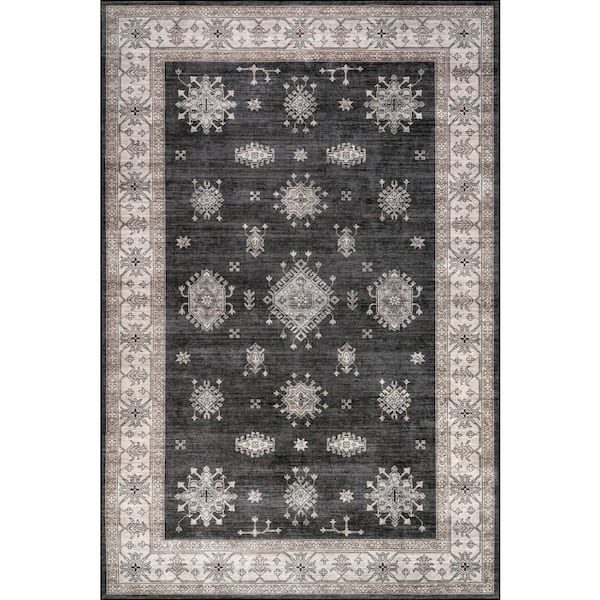 Andrea Bordered Spill Proof Washable Charcoal 6 ft. x 9 ft. Indoor Area Rug