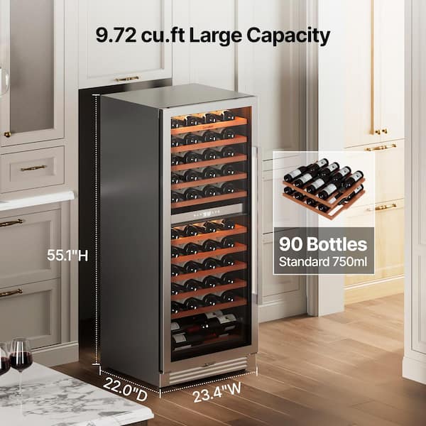 24 in. Built-in Dual Zone 90-Bottle Wine Cooler Fridge Wine Refrigerator in Stainless Steel (Left-Hinged)