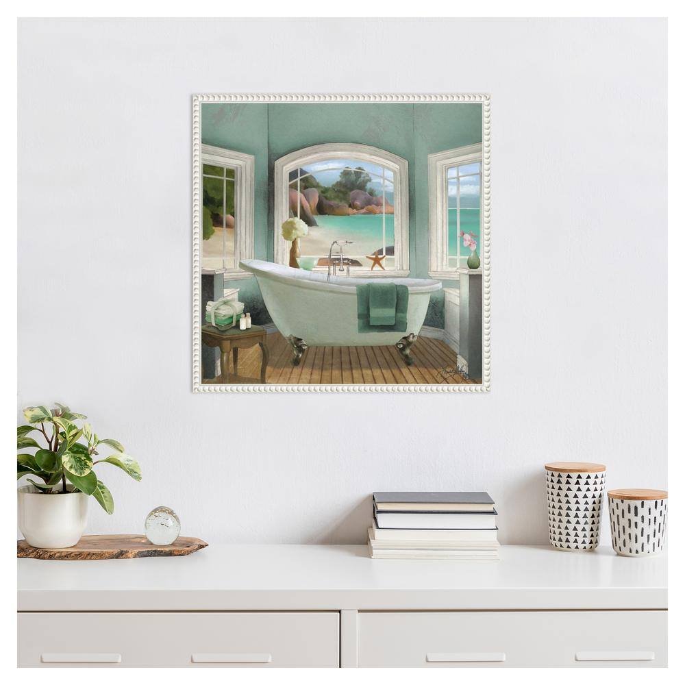 Serene Coastal Bath Scene Canvas Art with White Frame