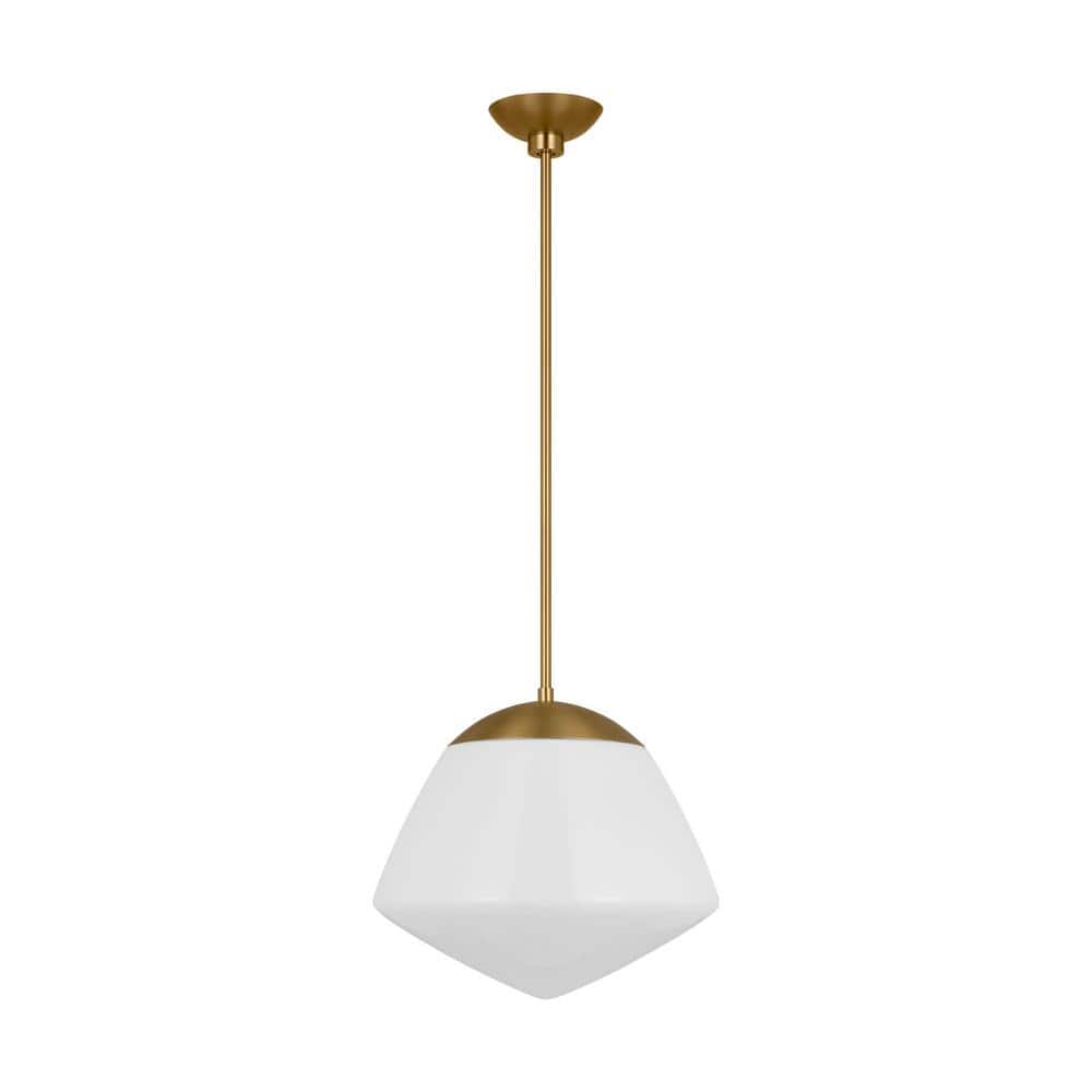 Burnished Brass and Milk Glass Schoolhouse Pendant Light