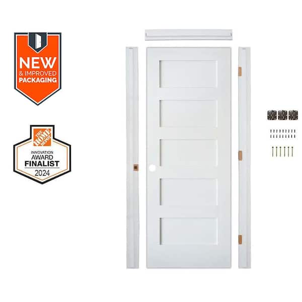Assembly Required 24 in. x 80 in. Shaker 5-Panel Right-Hand Primed Solid Core MDF Wood Interior Door Kit w/Separate Jamb