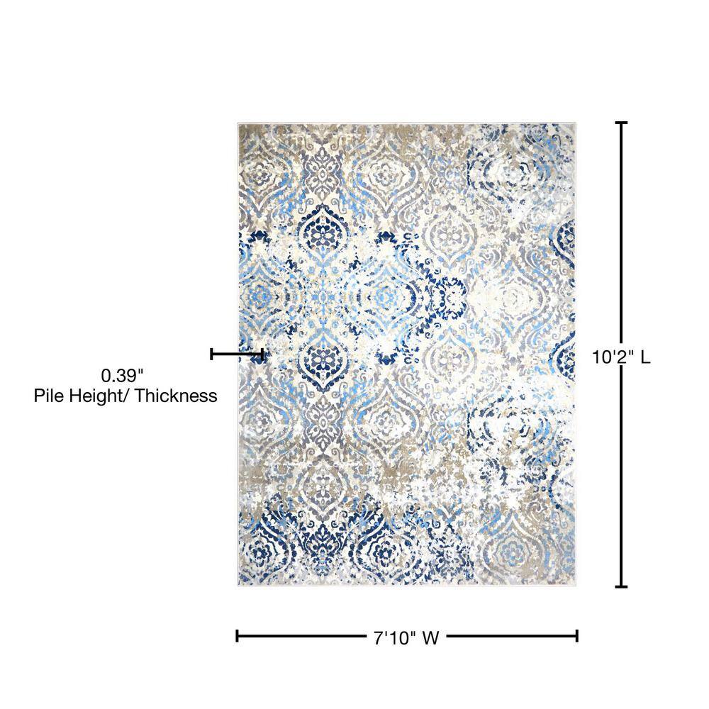 Ivory Blue Moroccan Ogee Damask Rectangular Area Rug