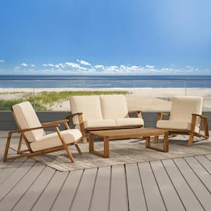 Paloma Teak Brown 4-Piece Wood Outdoor Patio Conversation Seating Set with Beige Cushions
