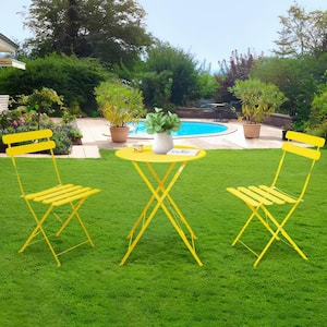 Yellow 3-Piece Rust Resistant Metal Outdoor Bistro Set with Beige Cushions, Foldable and Portable