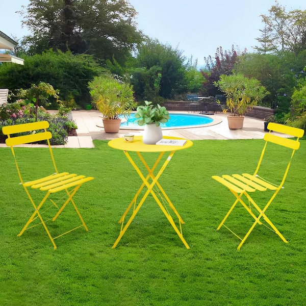 Unbranded Yellow 3-Piece Rust Resistant Metal Outdoor Bistro Set with Beige Cushions, Foldable and Portable