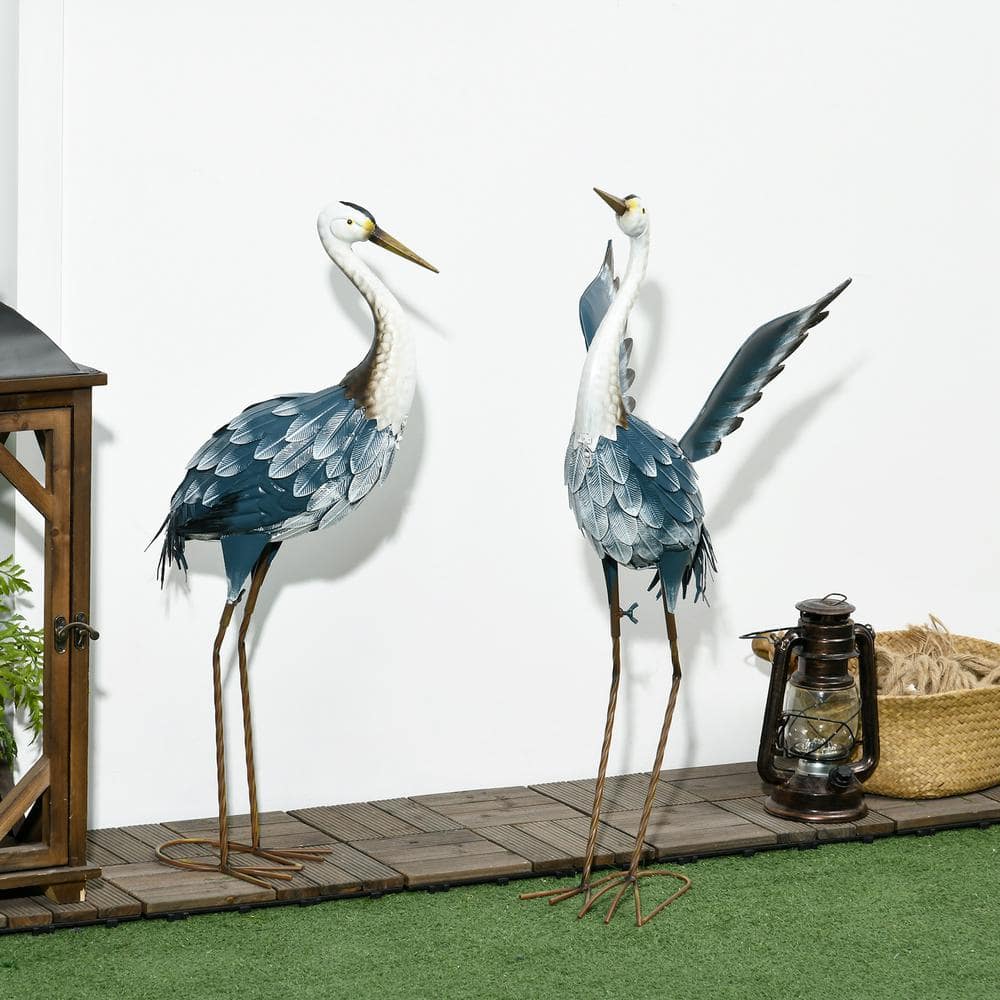 Blue and White Metal Heron Garden Statues Set of 2