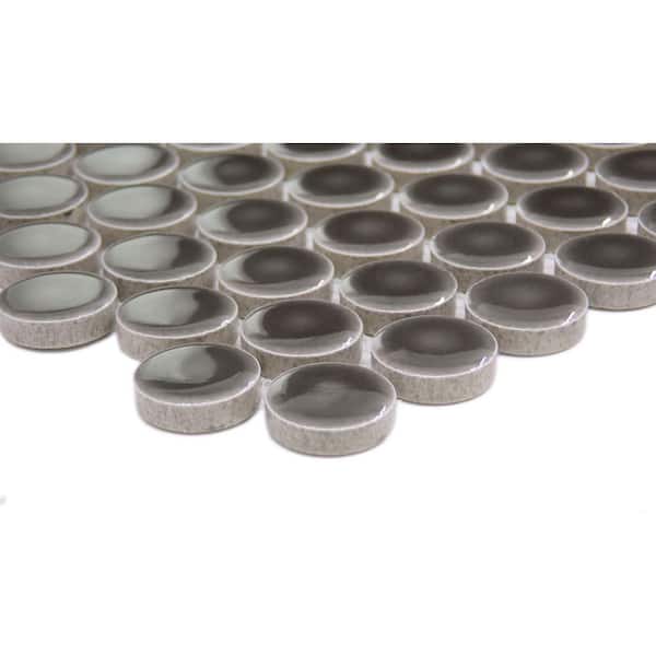 Savvy Pewter 11 in. x 12 in. Penny Glossy Porcelain Mosaic Floor and Wall Tile (0.974 sq. ft./Case, 1 pc)
