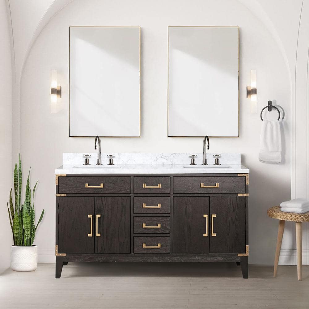 Fossa 60 in W x 22 in D Brown Oak Double Bath Vanity, Carrara Marble Top, and 28 in Mirrors -  Lexora, LVF60DK110