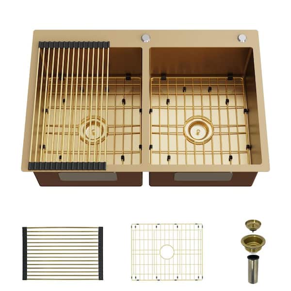 33 in. Drop-In 50/50 Double Bowl 11-Gauge Gold Stainless Steel Kitchen Sink with Rack, Grid and Drain