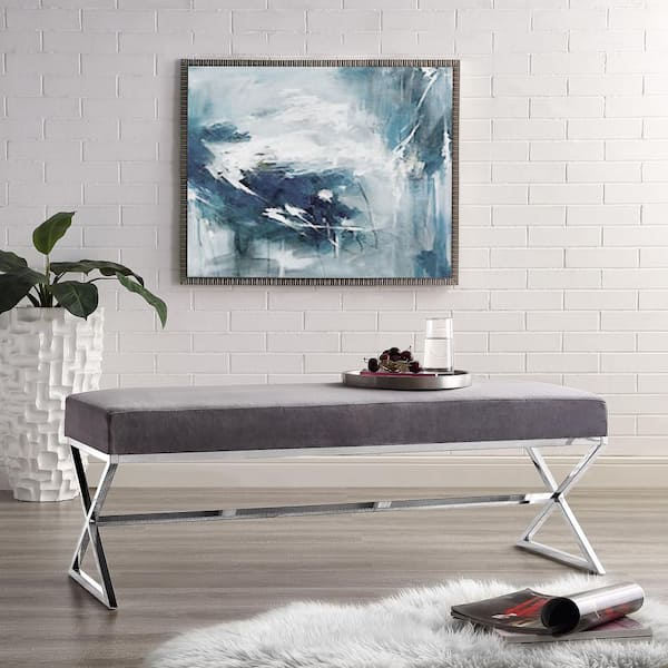 Inspired Home Elora Grey/Chrome Bench Upholstered Velvet 18 in. x 18 in. x 48 in.