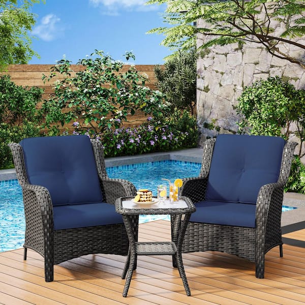 JOYSIDE 3-Piece Wicker Patio Outdoor Lounge Chair Set with Blue Cushions and Side Table