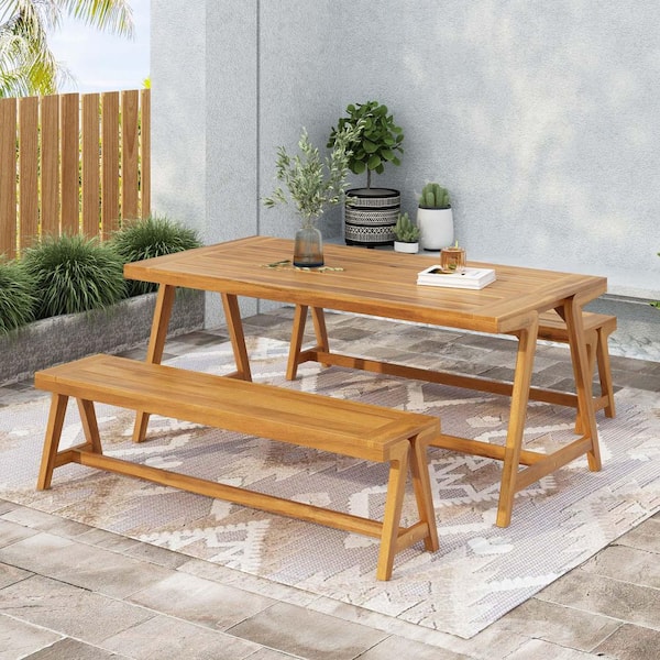 70.75 in. Teak Rectangle Wood 3-Piece Picnic Table Set, Acacia Wood Patio Dining Set with Benches for Balcony, Deck