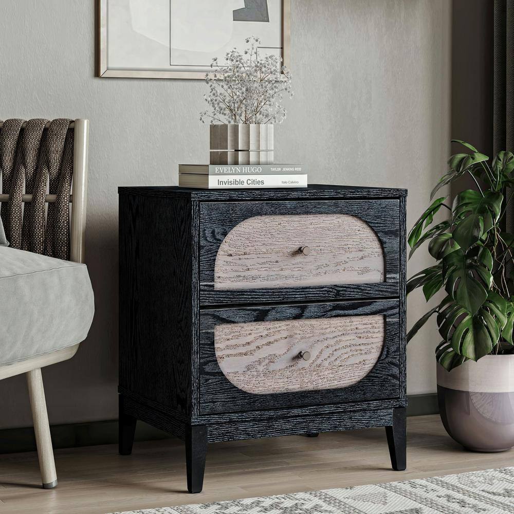 Black and Gray Wood 2-Drawer Nightstand with Arch Design