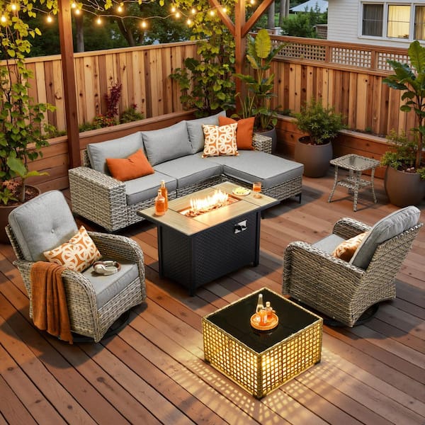9-Piece Gray Wicker Outdoor Sectional Set Patio Conversation Rocking Swivel Set w/ 43 in. Fire Pit, Dark Gray Cushions