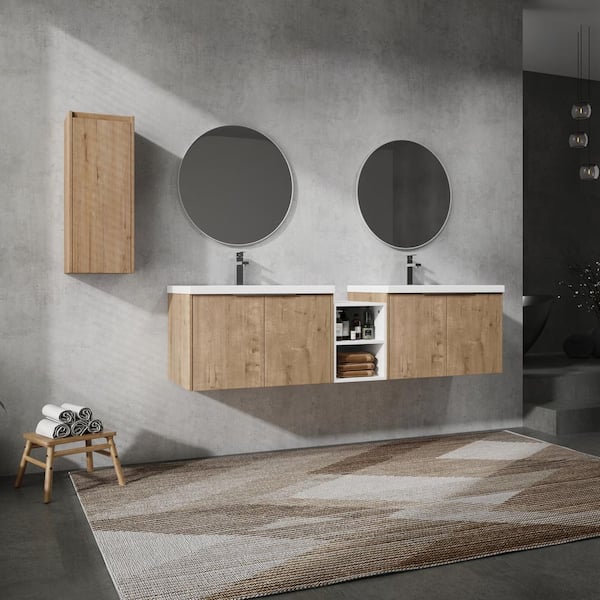 Bohemia 72 in. W x 18.1 in. D x 19.3 in. H Floating in Imitative Oak Bath Vanity with White Resin Top Vanity