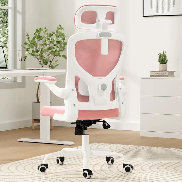 Polyurethane Adjustable Height Office Tesk Chair in Pink with Adjustable Lumbar Support and Flip-up Armrests