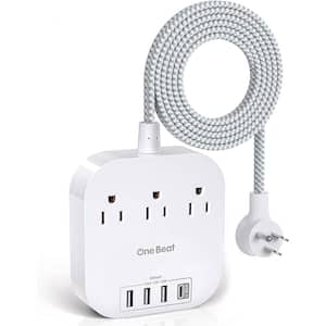 3-Outlet 5 ft. Braided Extension Cord, Non Surge Protector Power Strip with USB C, 3 Outlets 4 USB Ports, White